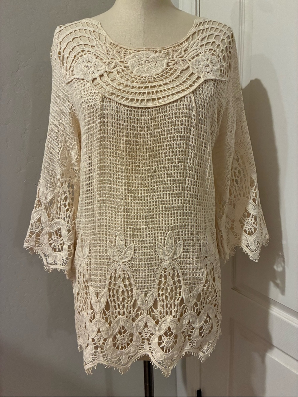 Openwork Crochet Tunic Top - Cream